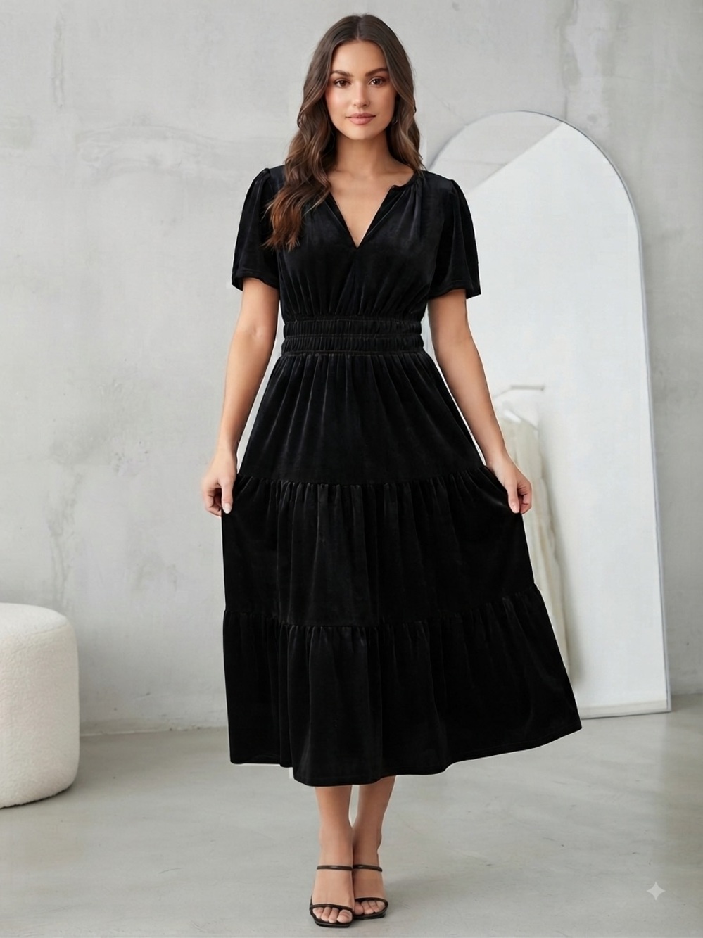 R. Vivimos Black Ruffle A-line Tiered Velvet Maxi Dress - Women